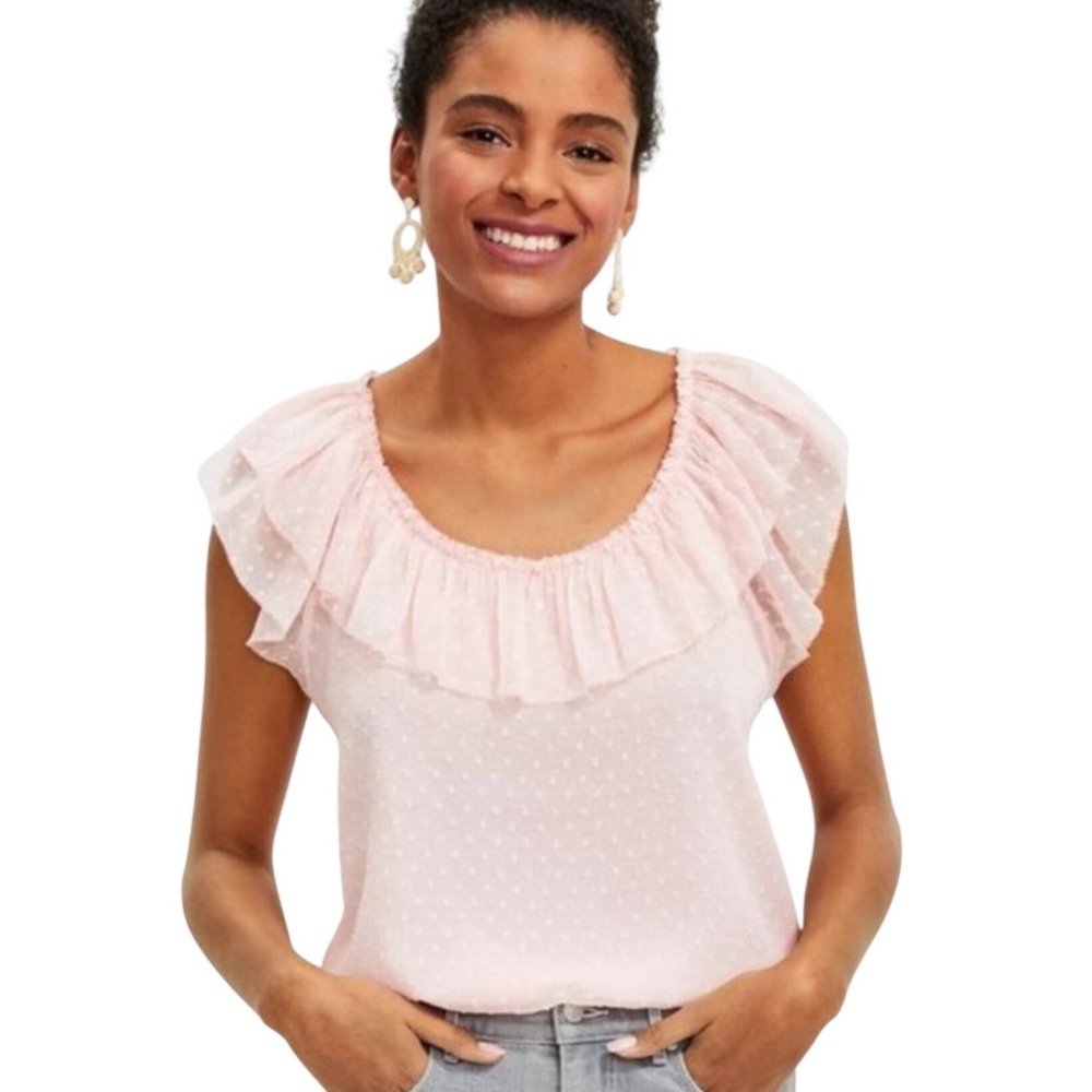 LOFT Light Pink Ruffled Swiss Dot Blouse